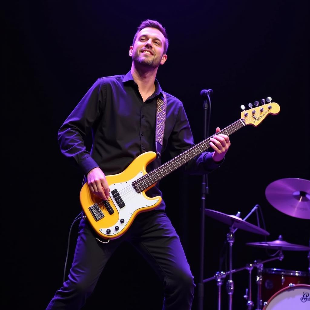 A bassist on stage playing a Schecter Stiletto Custom-4 bass guitar during a live performance