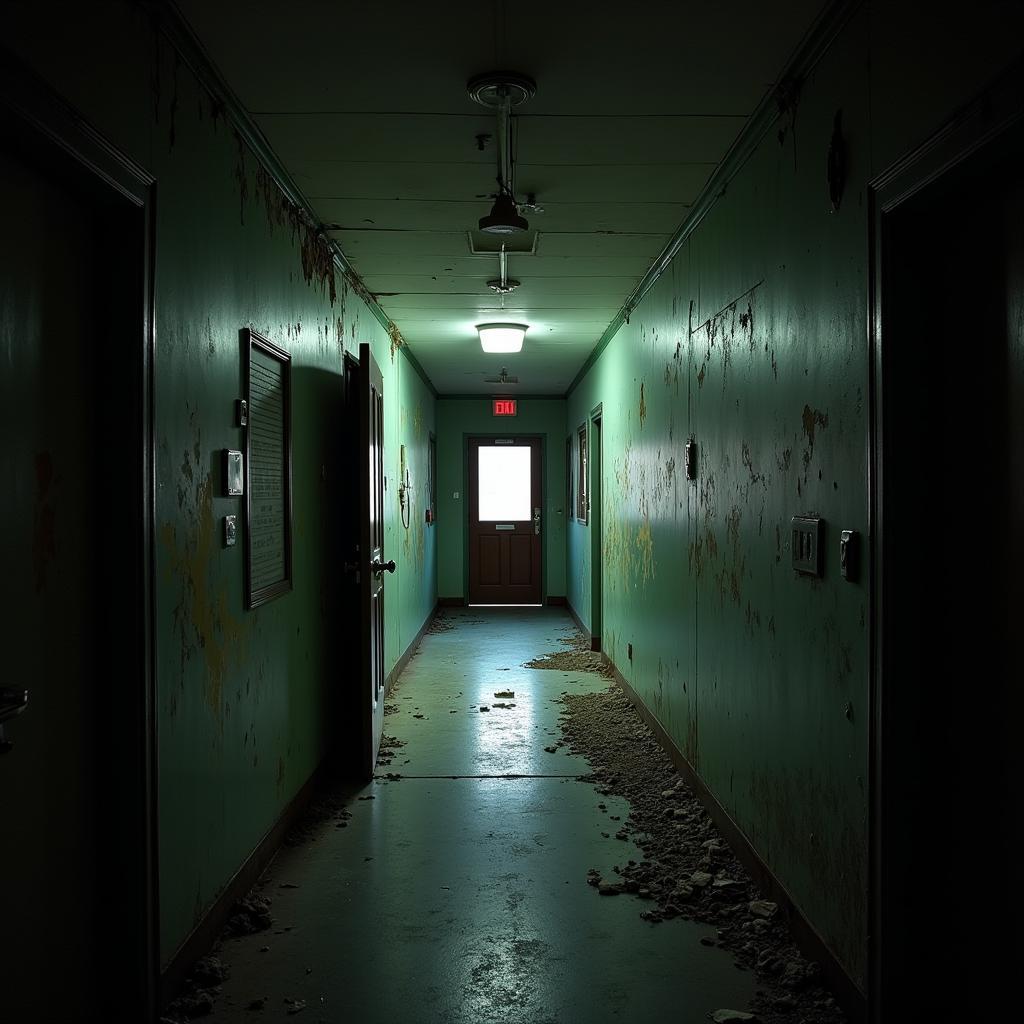 Dark and eerie hallway inside Belton Research Hospital