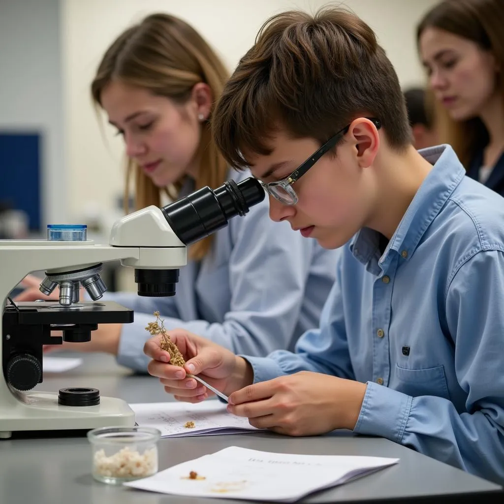 Biology student examining a specimen under a microscope