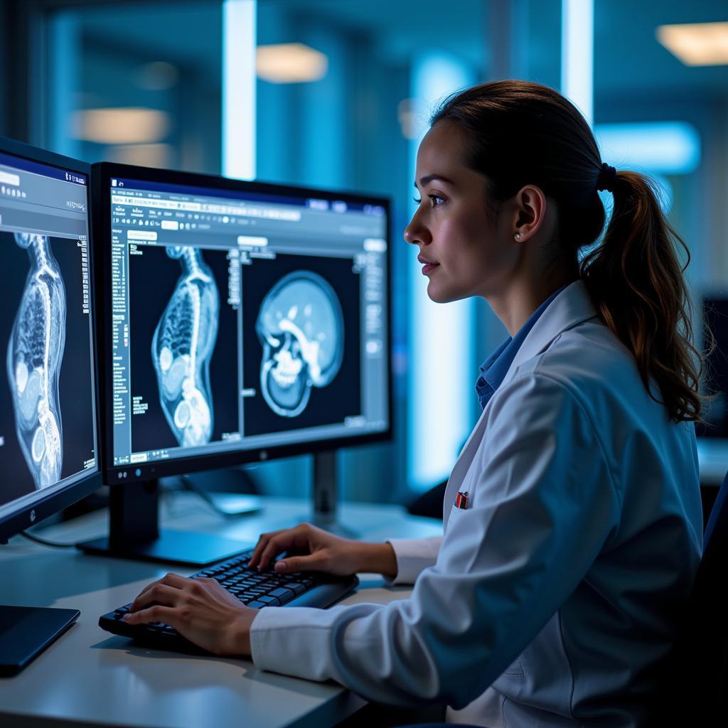 Biomedical Engineer Analyzing Medical Images on a Computer