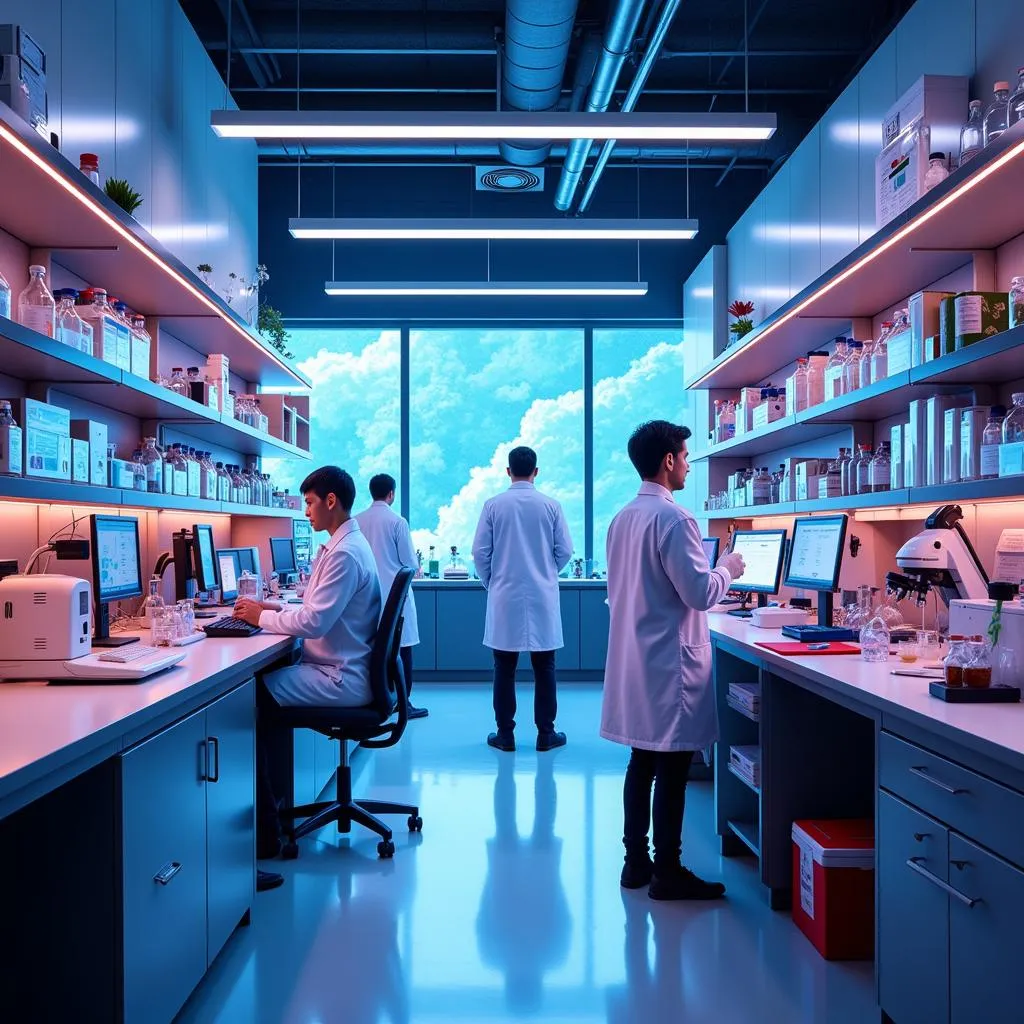 Scientists working in a modern biomedical research laboratory