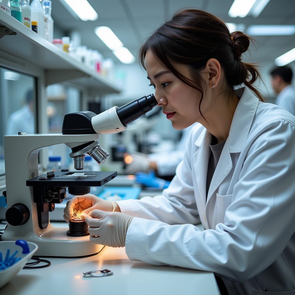 A bird researcher meticulously examines feathers under a microscope.