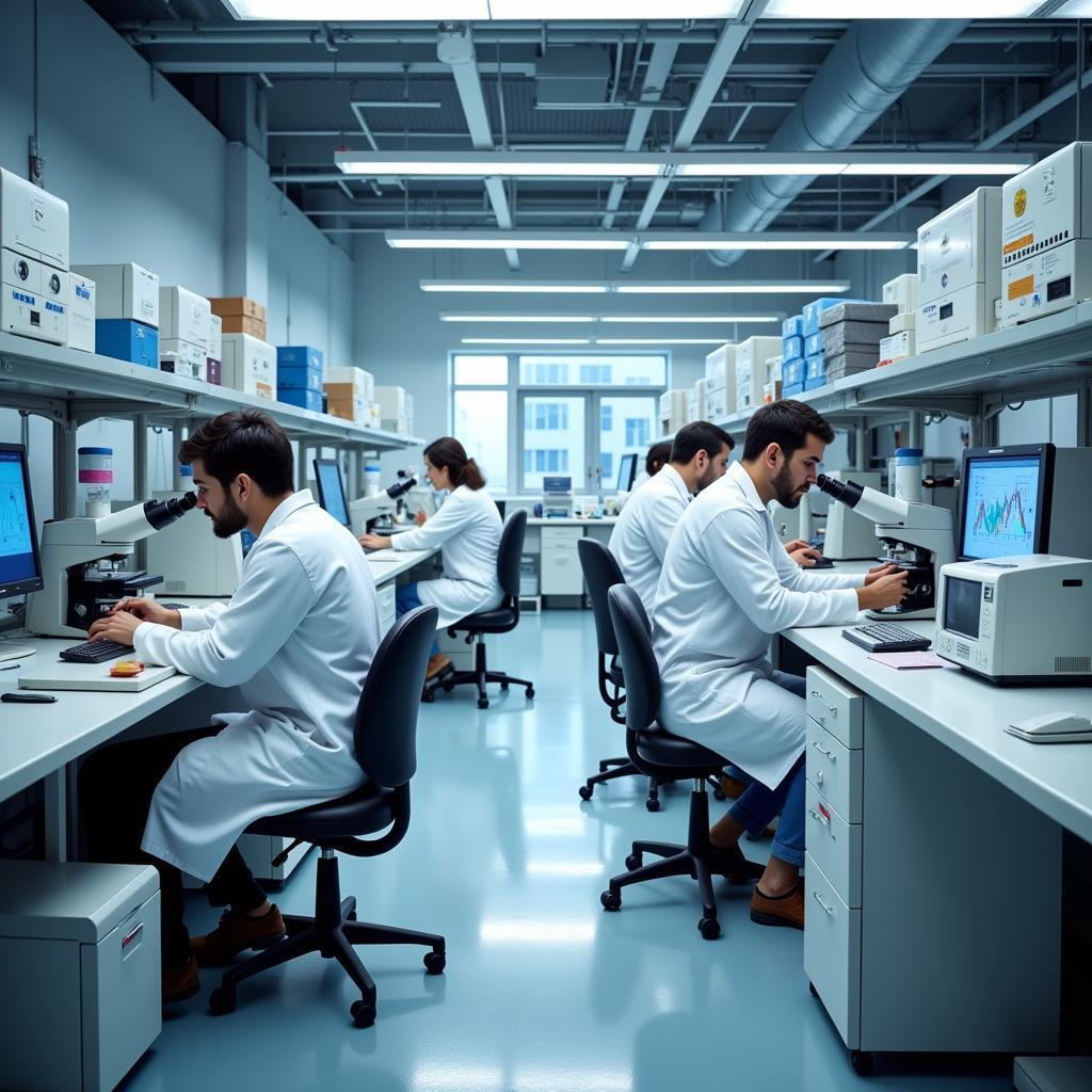 Modern medical research laboratory with advanced equipment and scientists at work