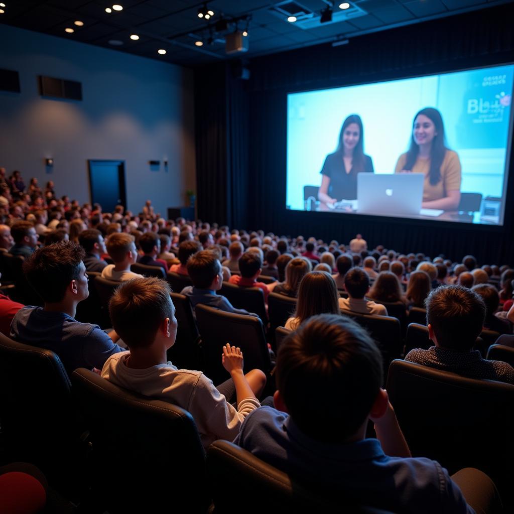 Audience watching a Bleu Research documentary in a darkened auditorium