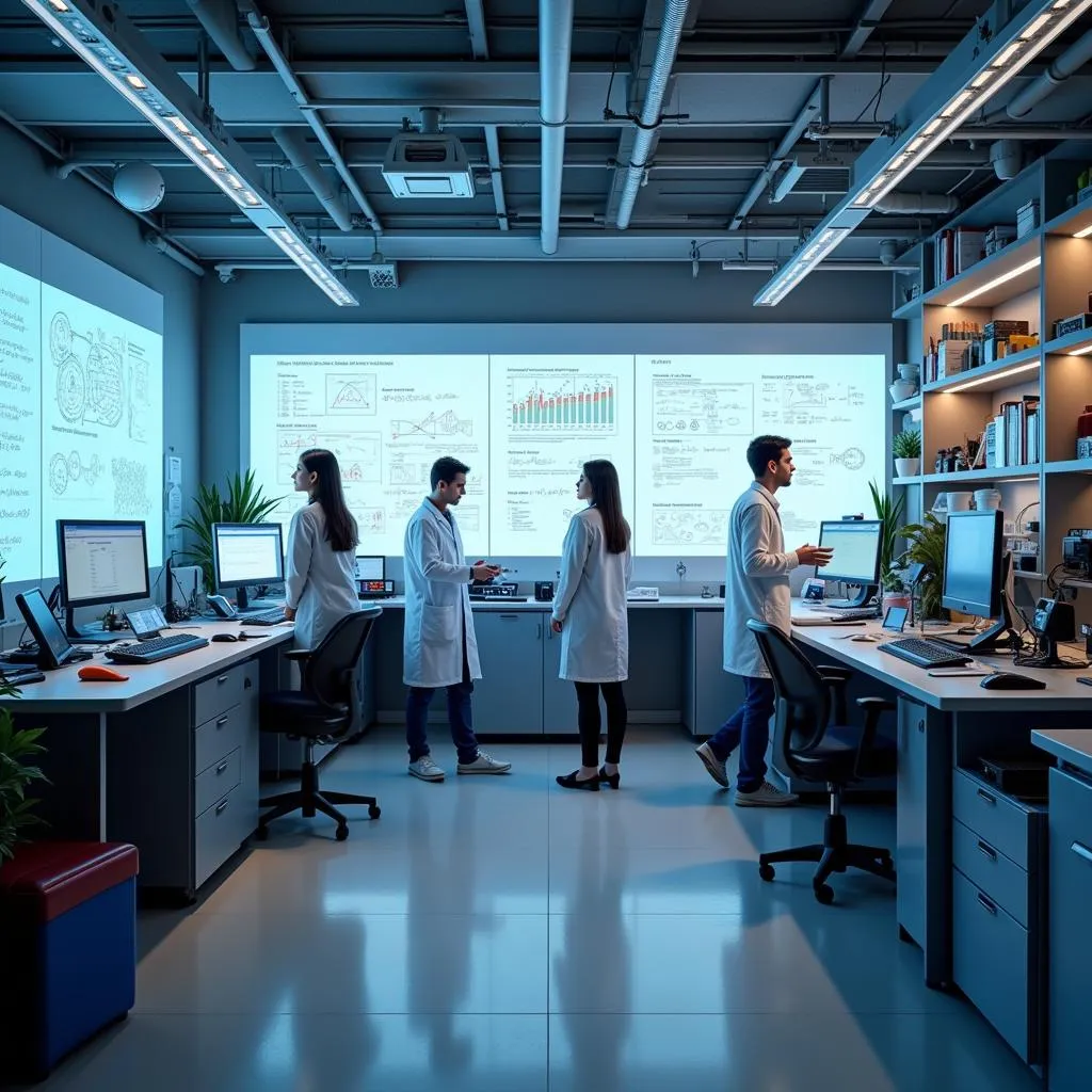 Researchers working in a blockchain research laboratory