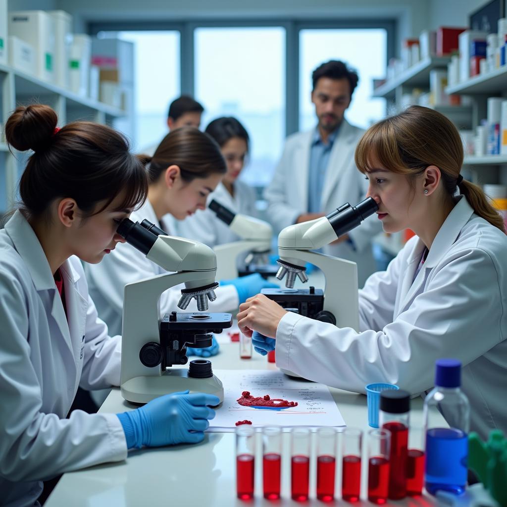 Scientists working in a blood research laboratory