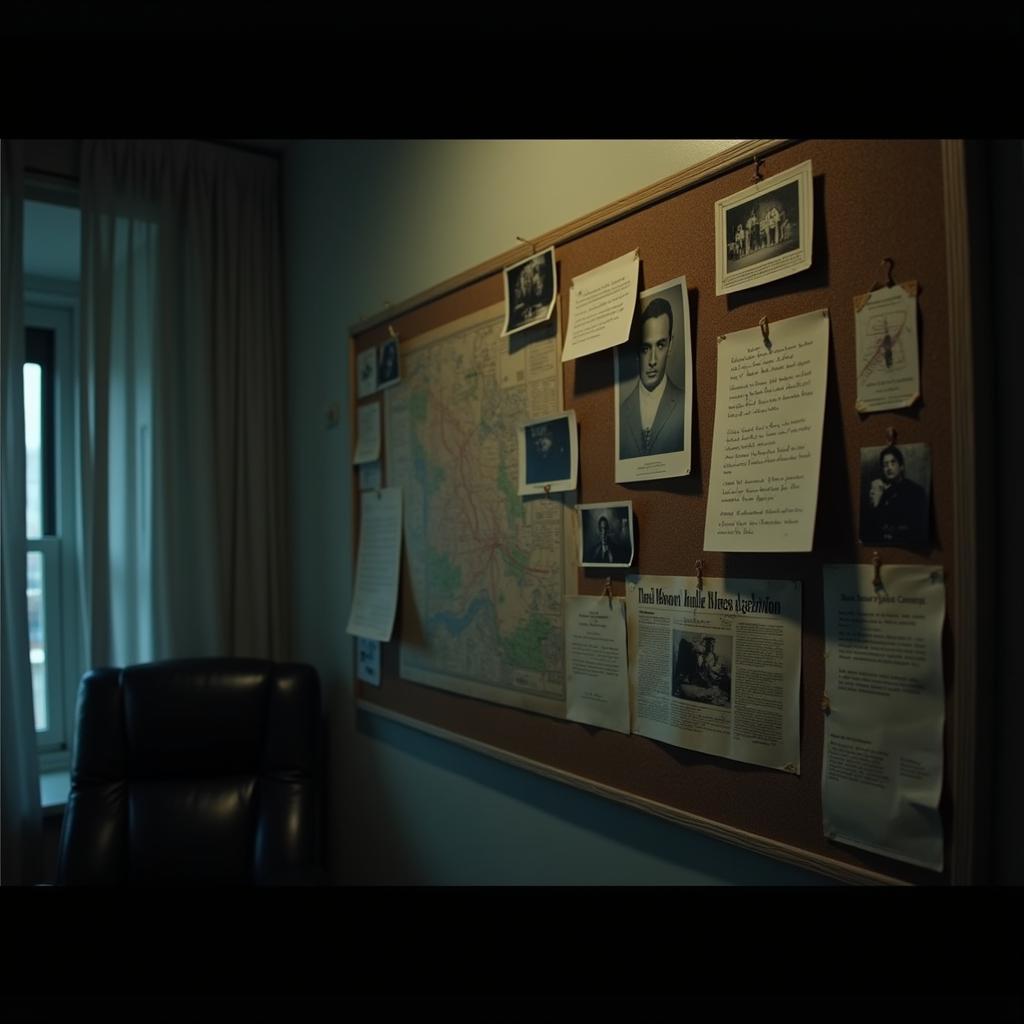 A dimly lit room with an evidence board filled with photos, maps and notes.