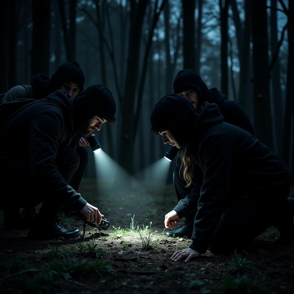 A team of researchers in the field, examining evidence.