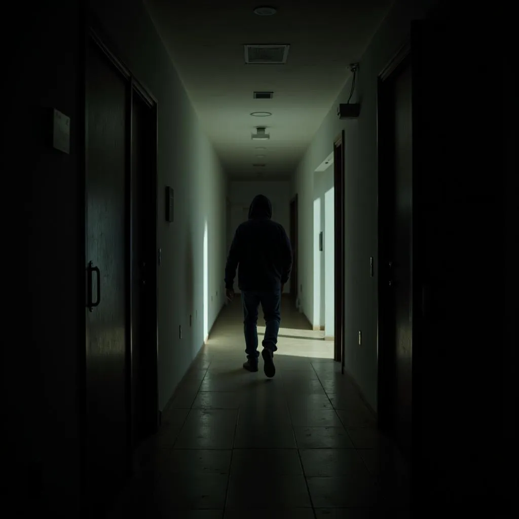 A blurry figure disappearing down a dark corridor