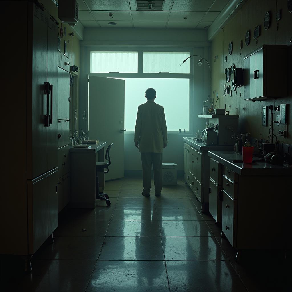 A blurred figure in a lab coat stands amidst laboratory equipment, their features obscured by motion and poor lighting, adding to the sense of unease and mystery.