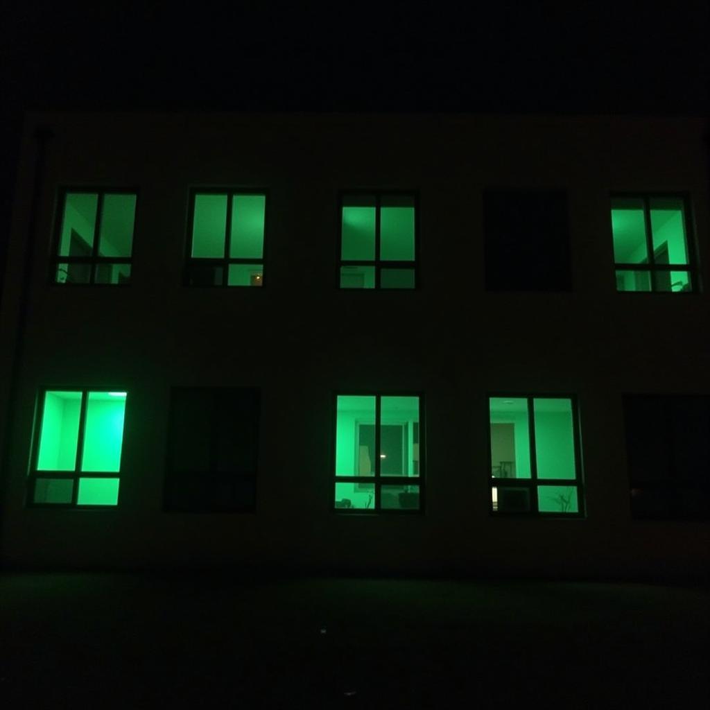 Boise State Environmental Research Building at night with strange lights in the windows