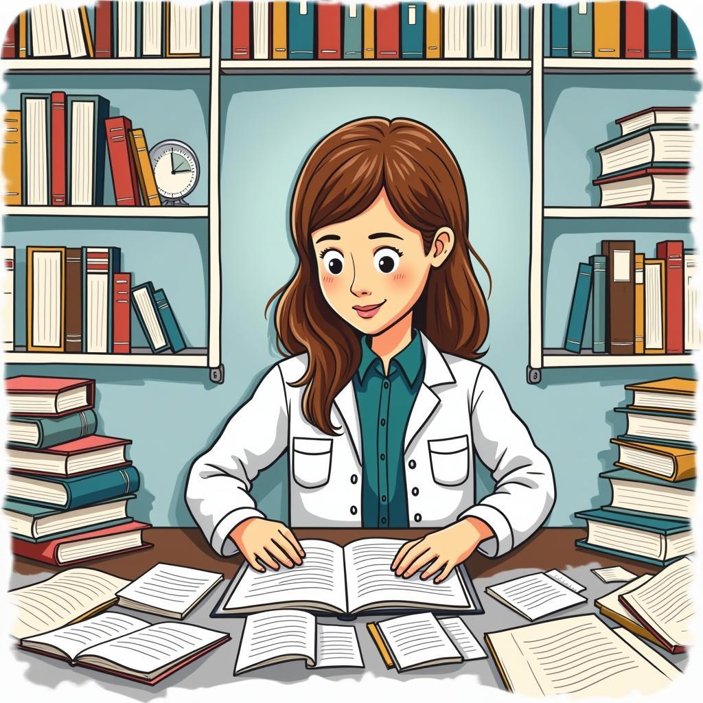 Researcher reviewing notes and books at a desk.