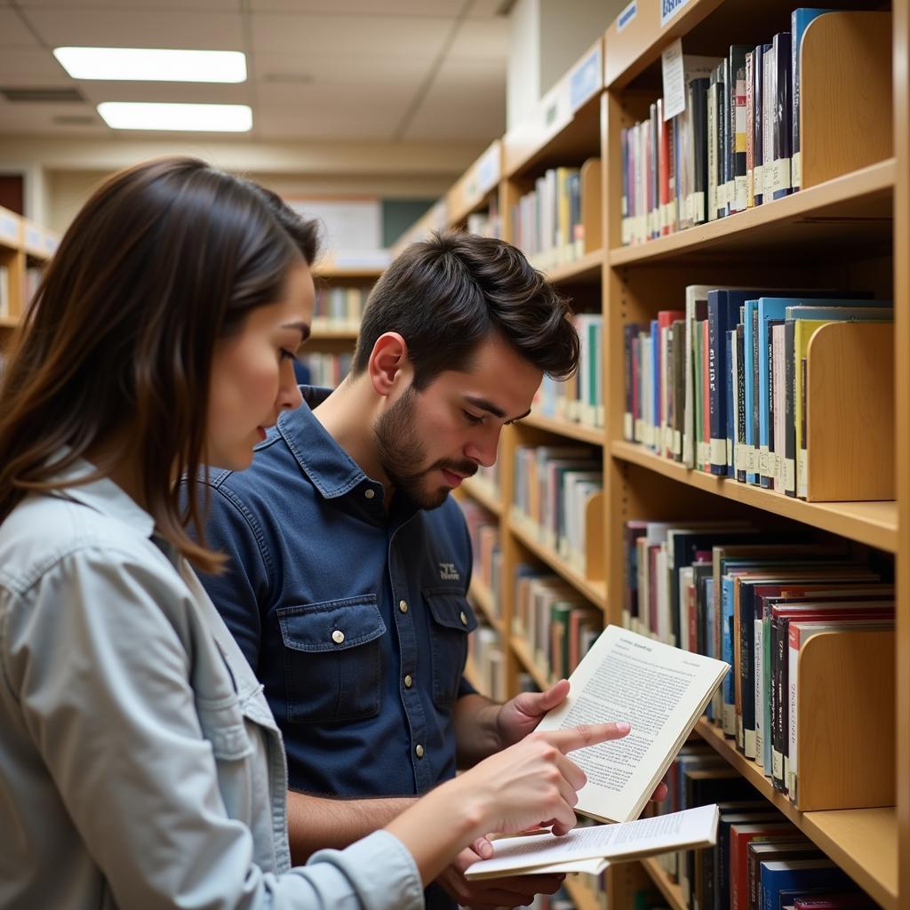 Librarian assisting a researcher with book research in a library