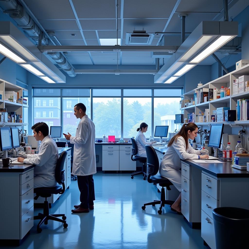 Scientists conducting breast cancer research in a laboratory