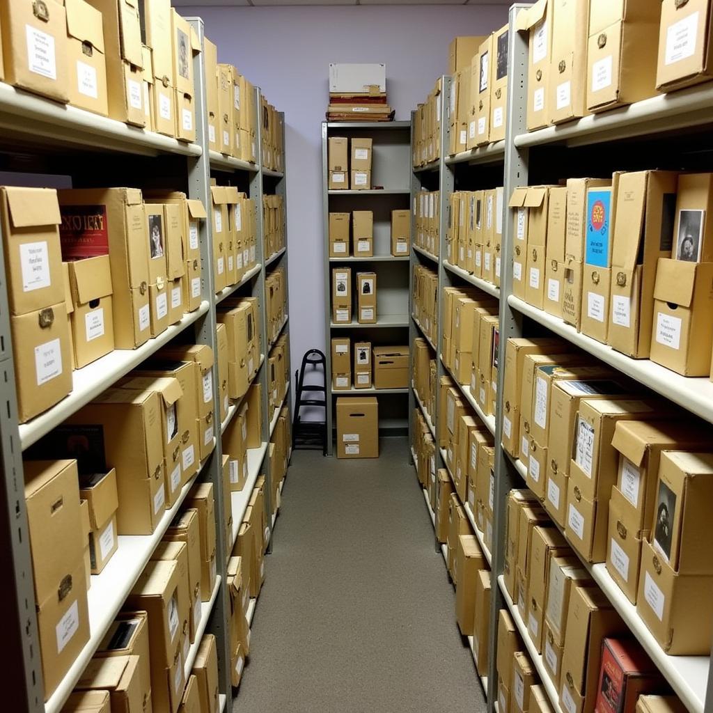 Stacks of archival boxes filled with theatre history documents