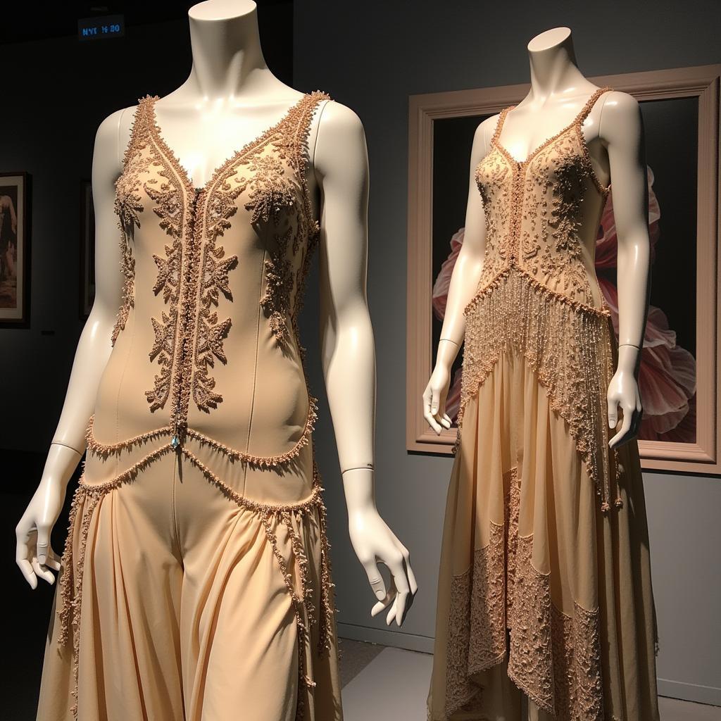 A vintage theatrical costume displayed on a mannequin, surrounded by sketches and fabric swatches