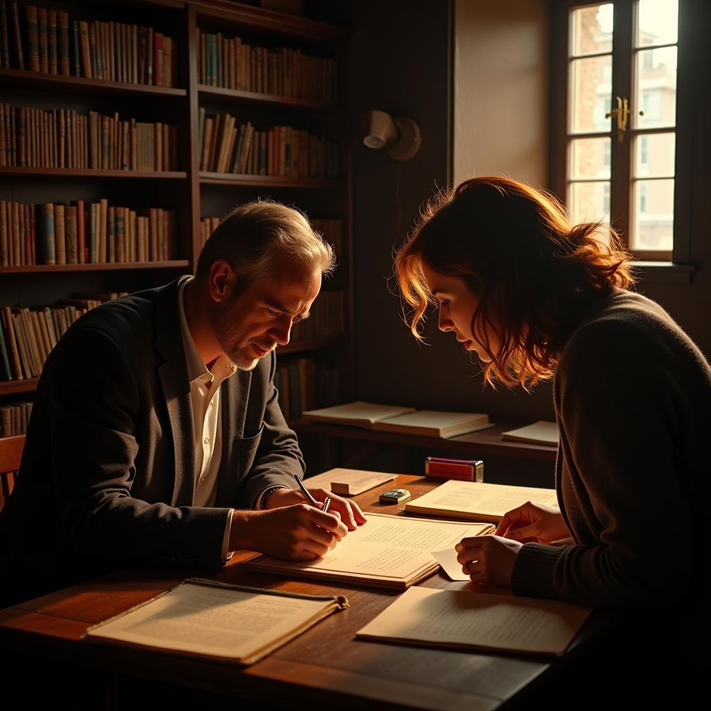 A researcher examines a vintage script at a table in the Brooklyn Center for Theatre Research