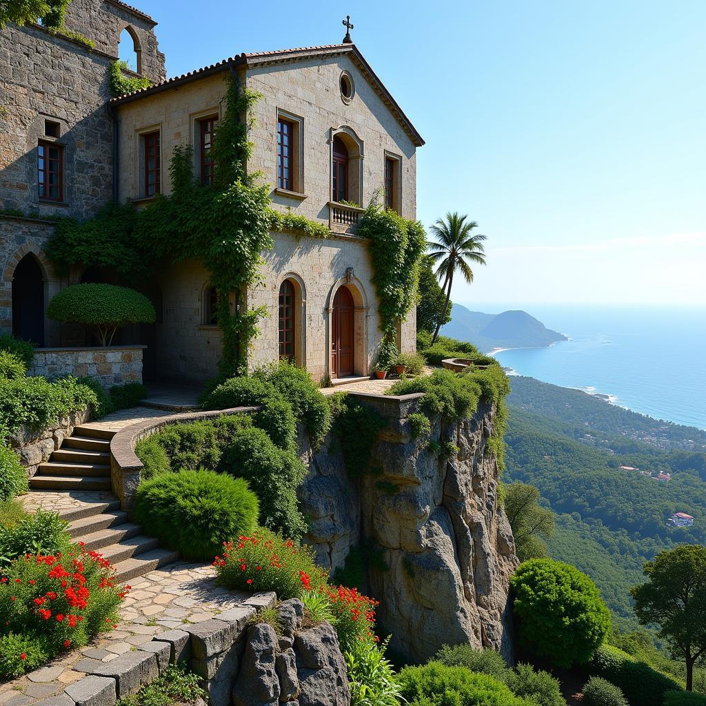 Ancient stone building with lush gardens overlooking the ocean