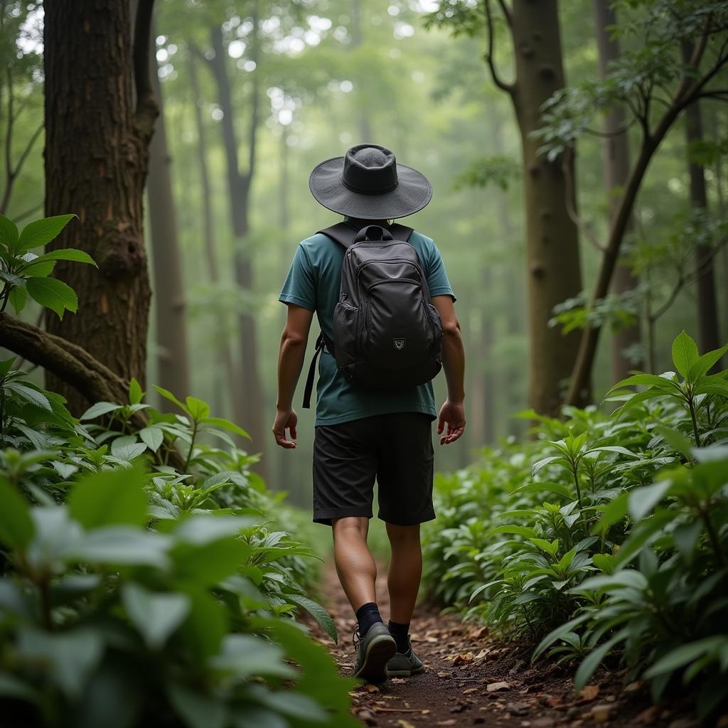 Outdoor Research Bugout Brim Hat protects hiker in rainforest