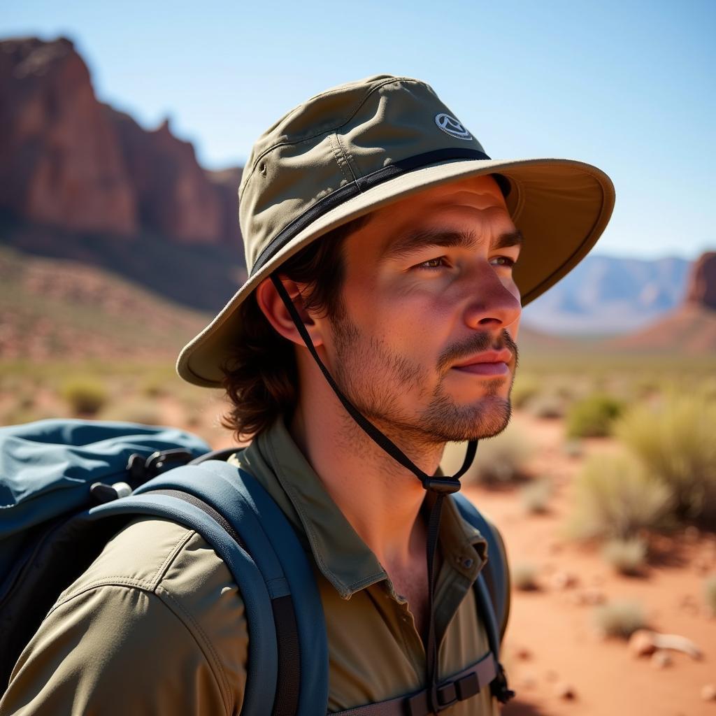 Outdoor Research Bugout Brim Hat worn by a hiker in the desert