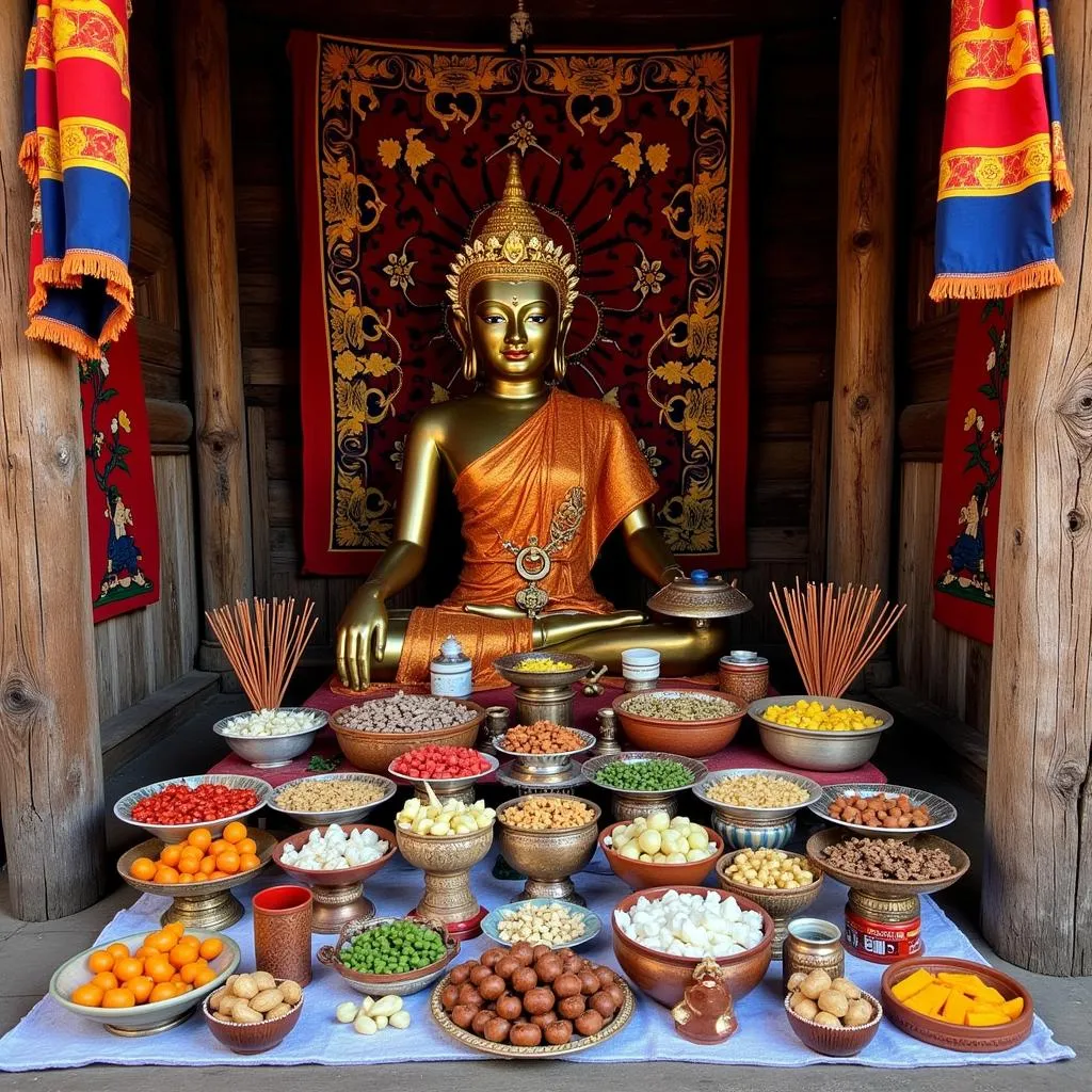 Burmese spirit shrine with offerings