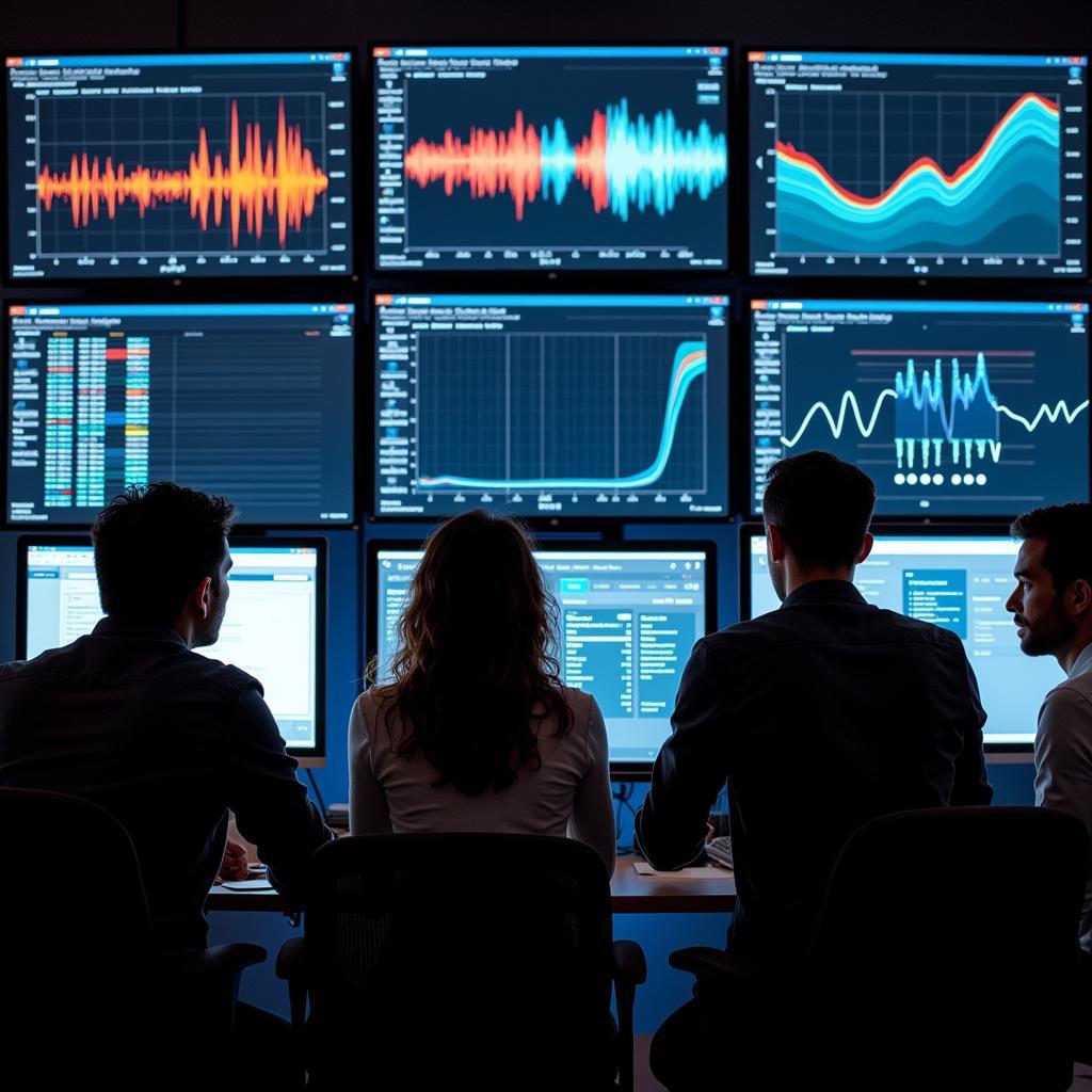 Caelum research team analyzing data on computer screens