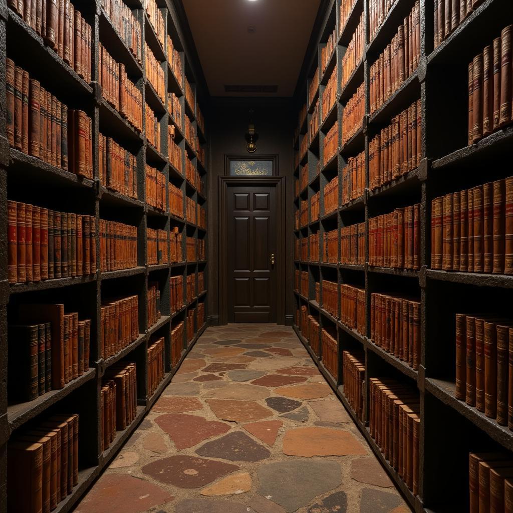 Ancient books and manuscripts in a dimly lit library