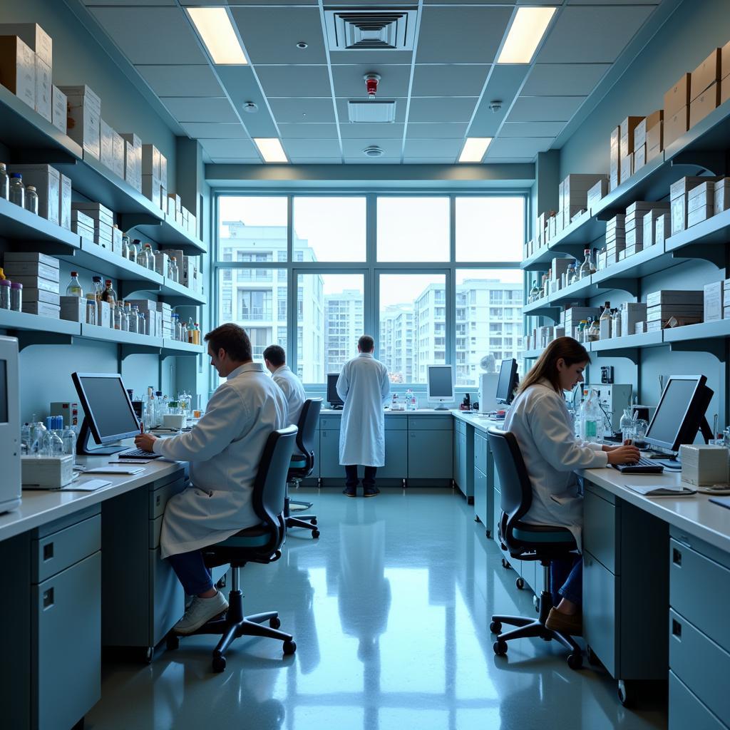 Scientists working in a research laboratory at Basavatarakam Hospital