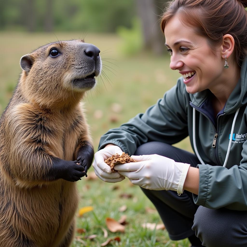 Researcher Interacting with a Capybara