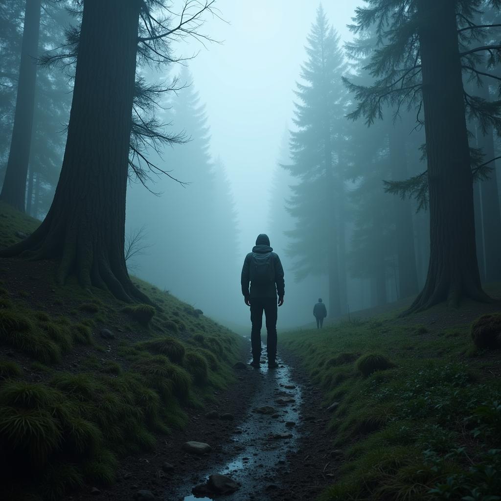 Hiker in Foggy Forest