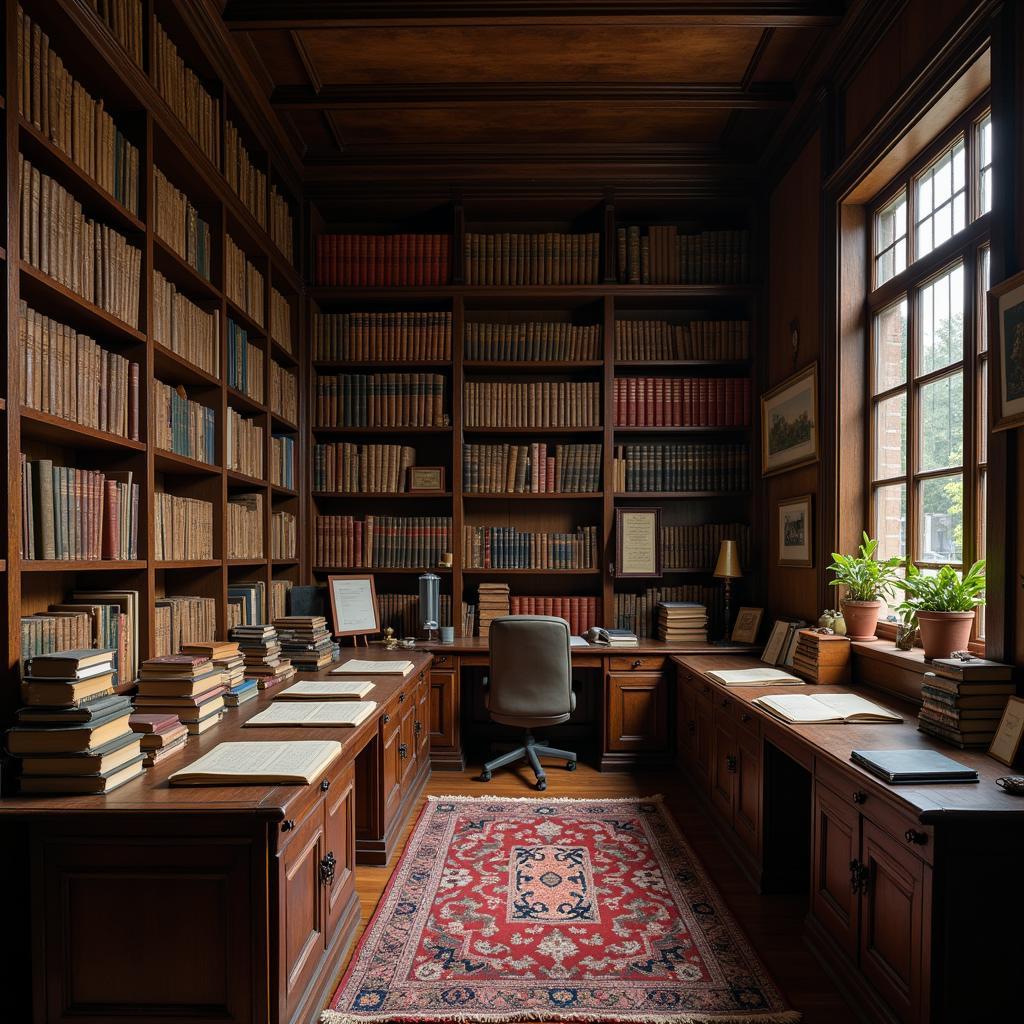 A dimly lit room lined with shelves stacked high with ancient books and documents, hinting at the wealth of knowledge contained within the Catalina Research Institute archives.