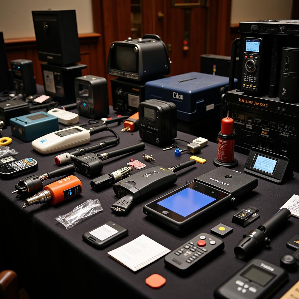 Various tools used in paranormal investigations, displayed on a table