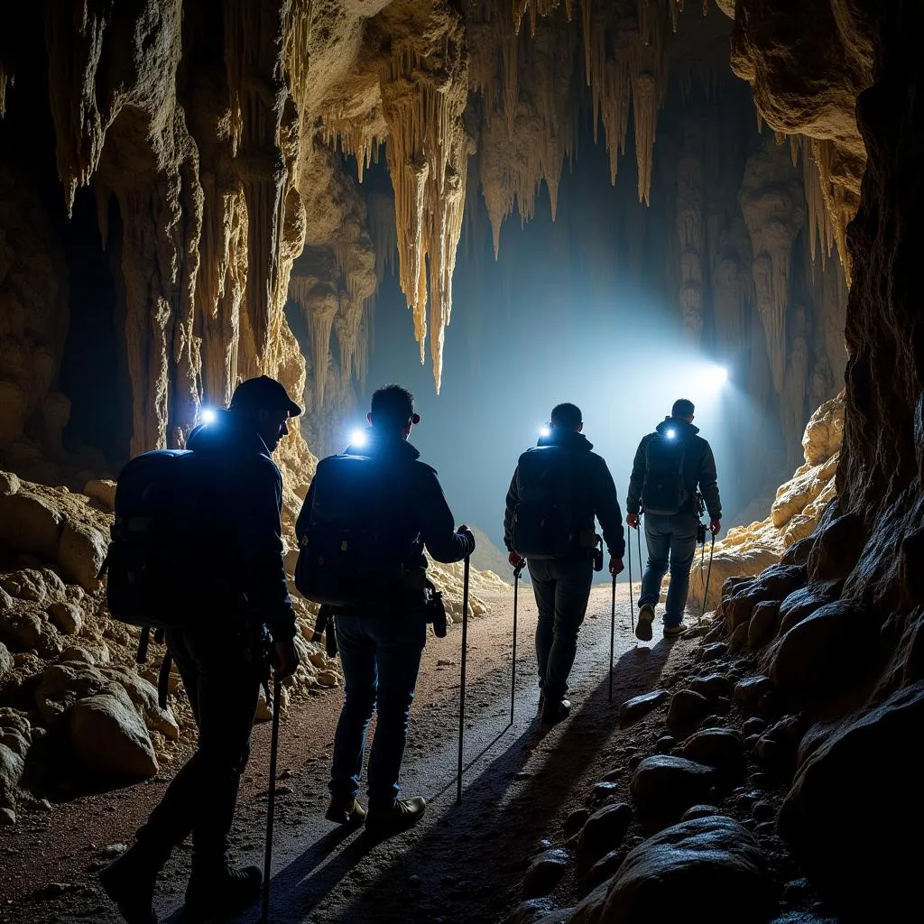 A team of cave researchers exploring a large cave system