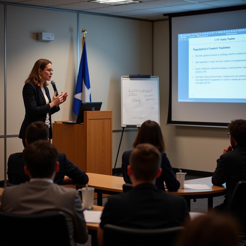 A researcher presenting findings at a conference