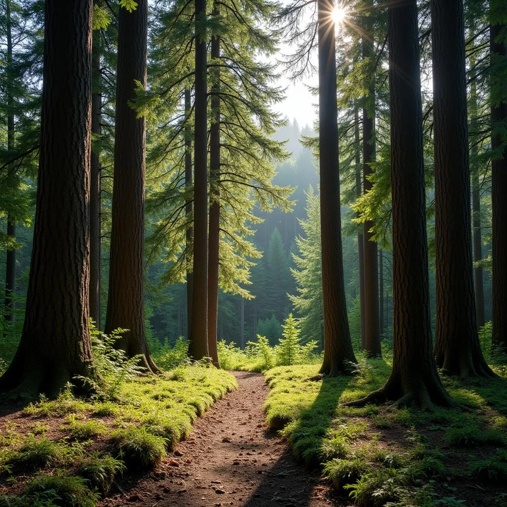 Sunlight filtering through a cedar forest