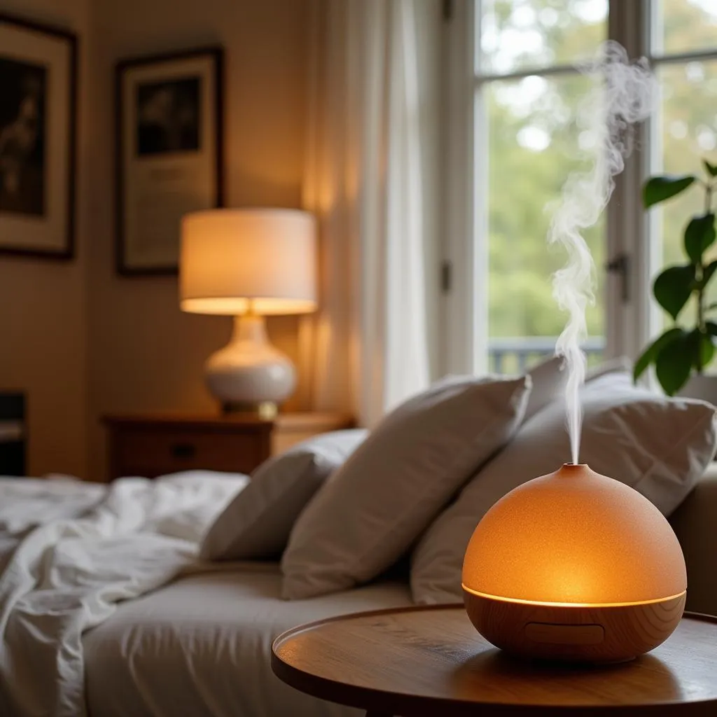 A diffuser with cedarwood oil in a bedroom