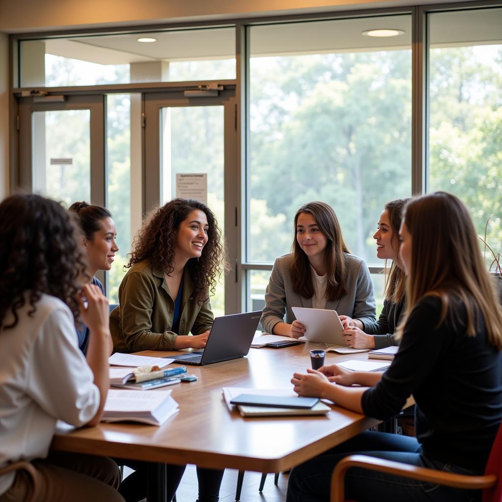 Students collaborating in a bright and modern research facility