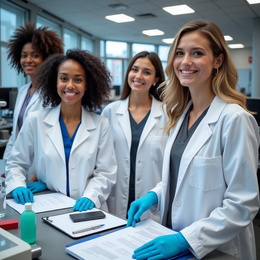 Diverse group of clinical research professionals collaborating in a lab setting