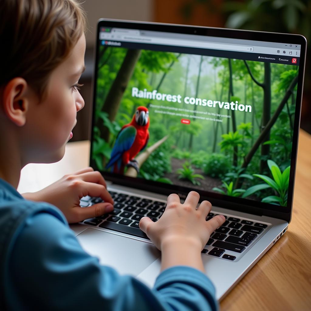 Child Using Laptop for Animal Conservation Research