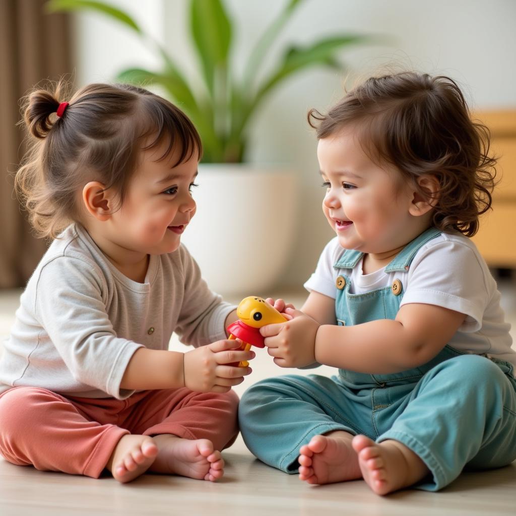 Two young children, a boy and a girl, smiling and sharing toys while playing together