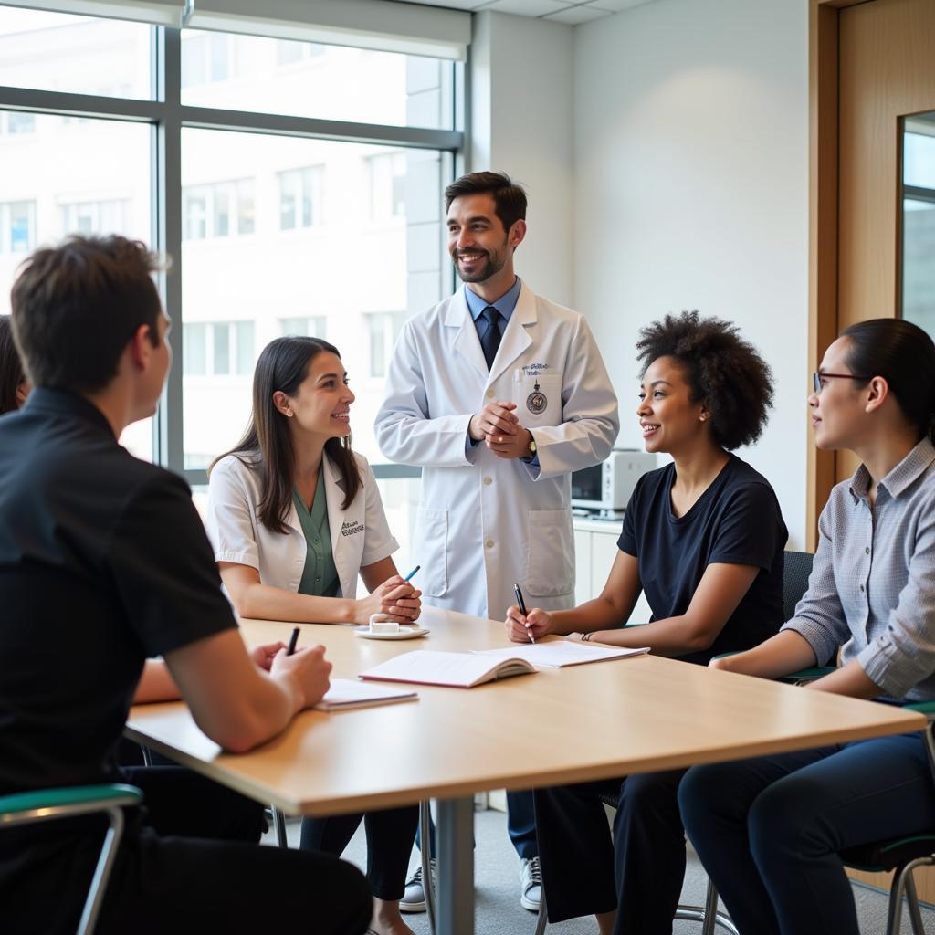 Researchers and clinicians collaborating in a meeting room