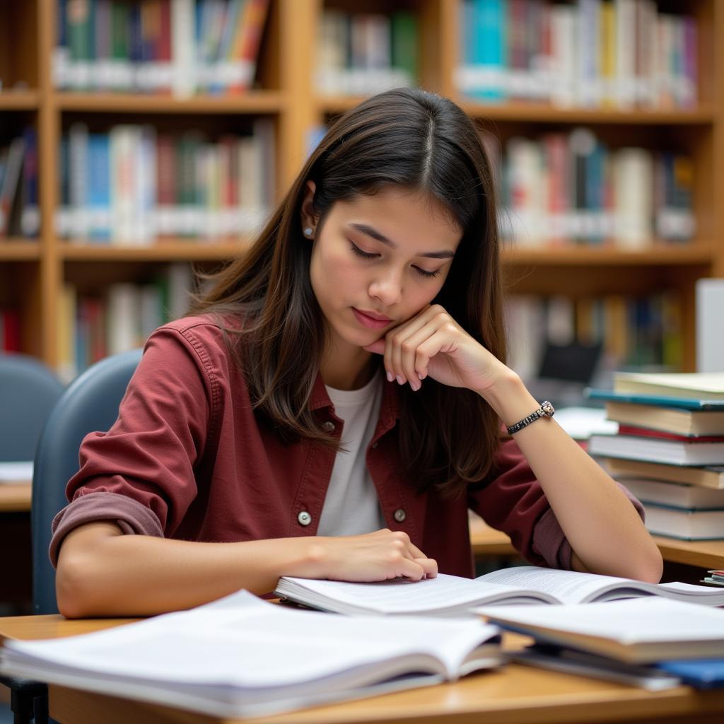 Student contemplating various research essay topics