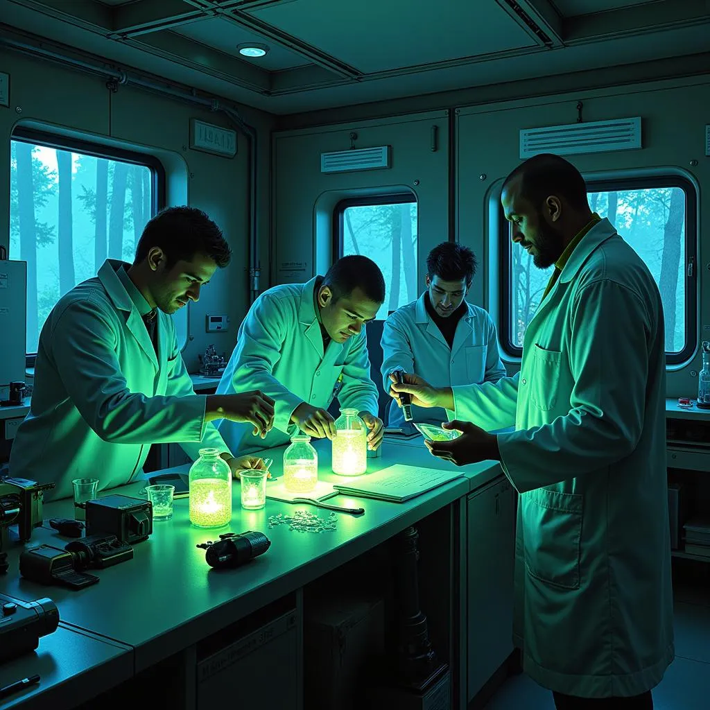 Chozo researchers analyzing Phazon samples in the Metroid Prime research core