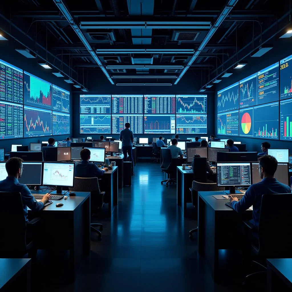 Bustling trading floor with multiple screens and data analysts