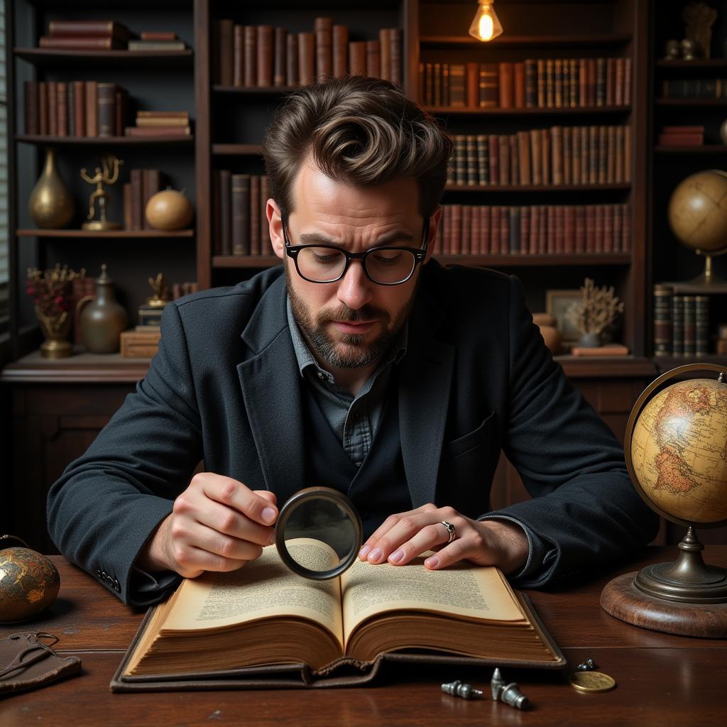 Researcher examining old books and artifacts