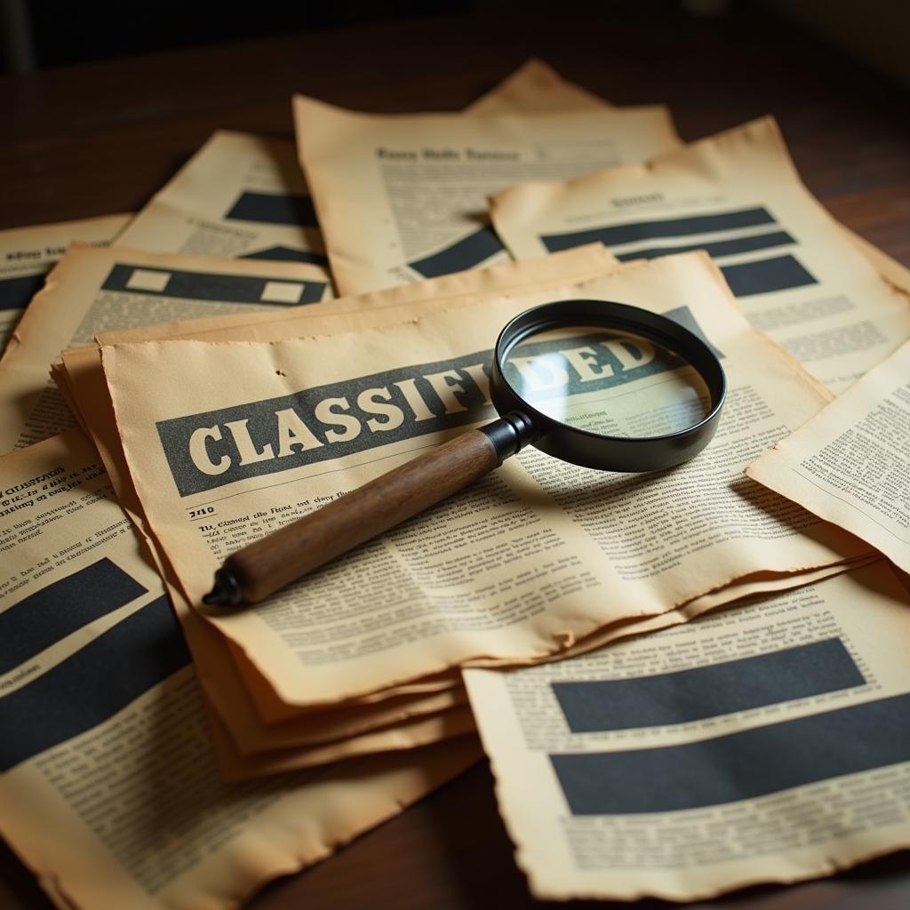 Stack of classified documents with redacted text and a magnifying glass on top