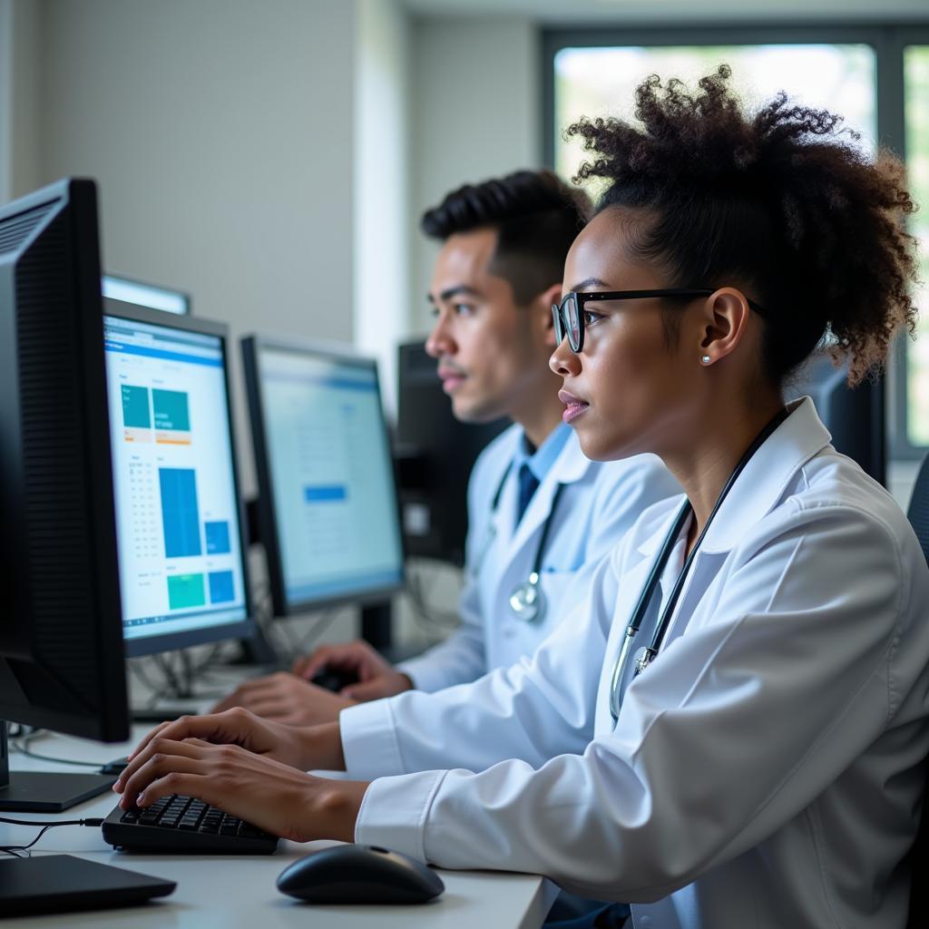 A clinical research associate reviewing patient data on a computer screen