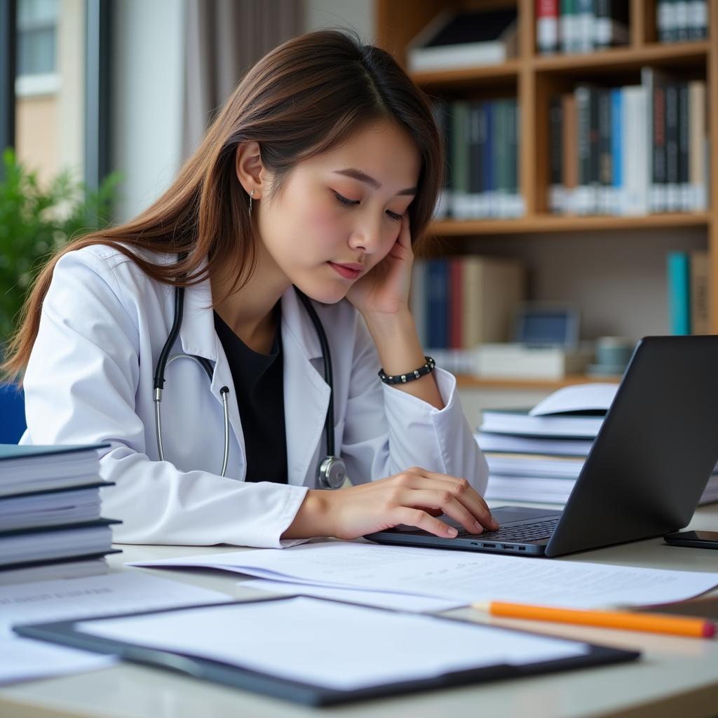 Clinical Research Associate Intern reviewing study documents on a laptop.