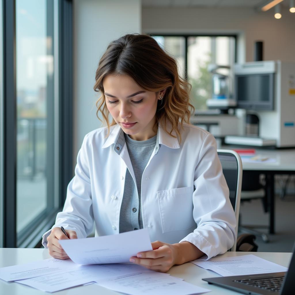 A clinical research professional reviewing documents at a desk