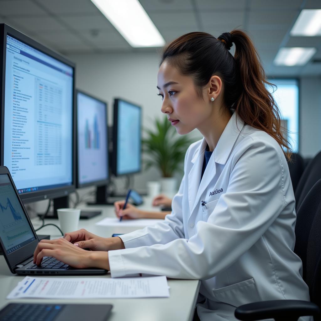 A clinical research coordinator reviewing patient data at a computer.